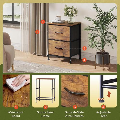 WLIVE Night Stand, Small Dresser with 2 Drawers & Wooden Top, Nightstand with Fabric Bins, Bedside Table End Table for Bedroom, Closet, Entryway, College Dorm, Rustic Brown