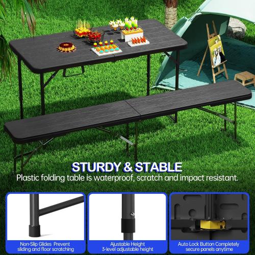 VSOAEIL Folding Table 4 Foot for Indoor Outdoor, Portable Heavy Duty Fold-in-Half Utility Small Plastic Adjustable Height Folding with Carrying Handle for Picnic Camping and Party, Matte Black