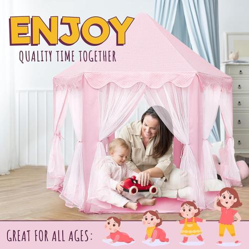 ORIAN Princess Castle Playhouse Tent for Girls with LED Star Lights – Indoor & Outdoor Large Kids Play Tent for Imaginative Games – ASTM Certified, 230 Polyester Taffeta. Pink 55x53.