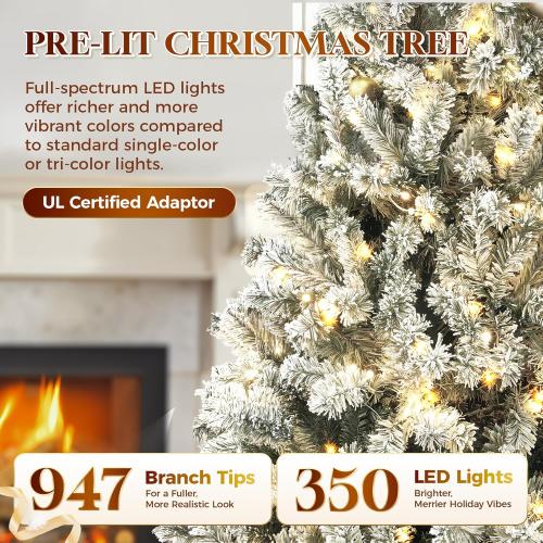 HOLLO STAR 6 ft Flocked Prelit Christmas Tree with 350 LED Lights, App Control, Artificial Christmas Tree, Multi-Color RGBW Lights, 947 Branch Tips, Snow Xmas Tree, for Home, Party
