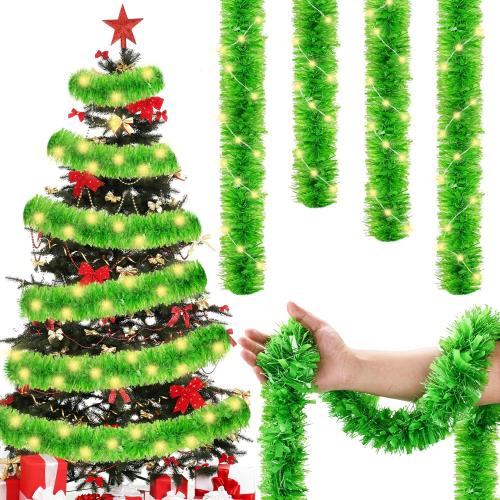 33ft Christmas Tinsel Garland with LED Lights, Lime Green Metallic Foil Glitter Garland & Matching Lights Set for Xmas Tree, Home, Stairs, Indoor Outdoor Party Decor