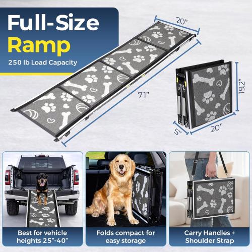 Dog Ramp for Car, SUV & Truck, 71 Long x 20 Wide, Extra Side-Strap Stability System, Non-Slip Quad-Fold Pet Ramp for Large Dogs, 250 lb Capacity (Paw Print Design)