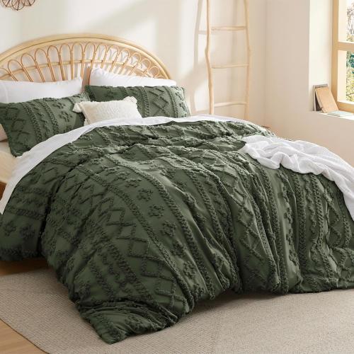 Bedsure Boho Duvet Cover 98 x 98 Size, Soft & Comfortable Elegant Design Boho Bedding for Decoration, Machine Washable Comforter Cover for All Seasons,Includes 1 Duvet Cover & 2 Pillow Shams,Olive Green