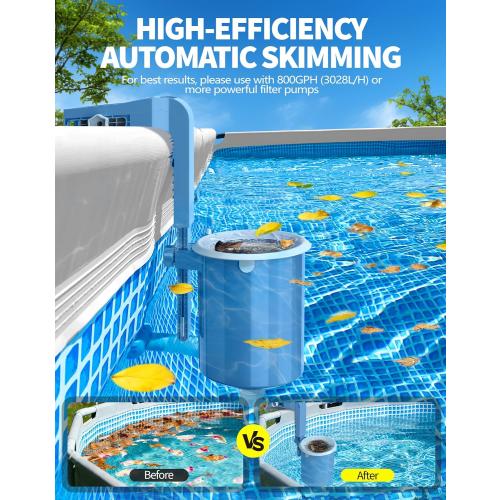 BluSwim Above Ground Pool Skimmer with Solar Digital Thermometer | Wall Mount Surface Skimmer - Auto Skimming Pool Floating Debris | 2 Upgraded Bracket - Stable&Height Adjustable-Steel Blue