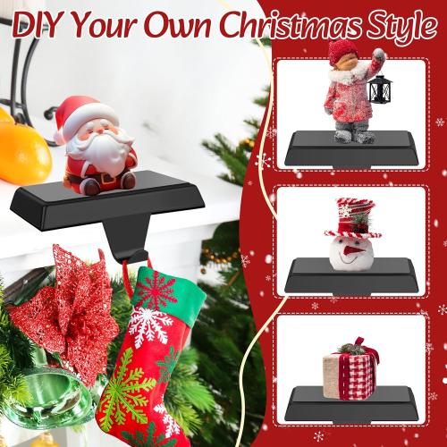 Palonu 6 Pcs Christmas Black Stocking Holders, Heavy Duty Mantle Hangers with Non-Slip Pad, Weighted Stocking Hooks Christmas Ornaments for Xmas Holiday Fireplace Shelf Window Decoration