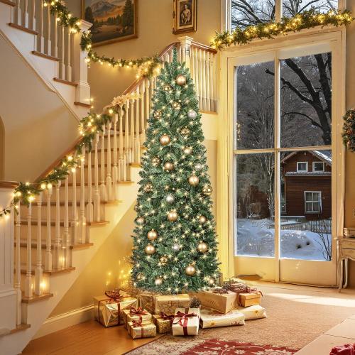 HOLLO STAR 6 ft Prelit Christmas Tree with 247 LED Lights, App Control, Artificial Pencil Christmas Tree with Multi-Color RGBW Lights, 715 Branch Tips, Skinny Xmas Tree, Metal Base, for Home, Party