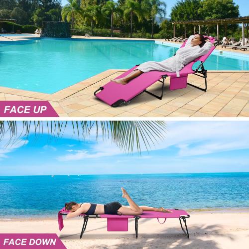 400lbs Tanning Chair with Face Hole, 5-Position Folding Chaise Lounge Chair with Side Pockets, Portable Beach Lounge Chair for Outdoor Sunbathing Patio Pool Lawn, Pink