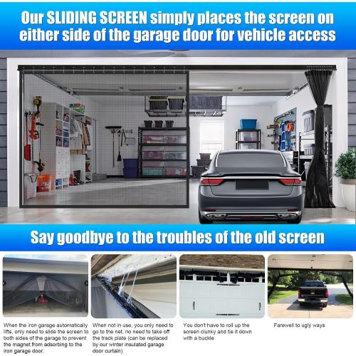 ‼️has mild scratches and may be stains or missing pieces ‼️Sliding Garage Door Screen 16x7FT for 2 Car Garage Doors, 2026 New Upgraded Magnetic with Track Closure, Heavy Duty Mesh and Weighted Bottom, Retractable (Black, 16 * 7FT)