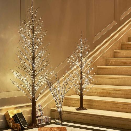 Hairui Lighted Brown Alpine Tree with 450L Warm White Fairy Lights 4FT, Brown Twig Tree with Lights for Indoor Outdoor Home Party Halloween Christmas Decoration