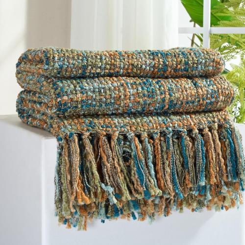 Multi-Color Gold Green Cable Woven Throw Blanket for Couch,50X60 Boho Style Textured Blankets for Home Decor,Super Soft Warm Cozy Chunky Blanket with Decorative Tassels for Bed