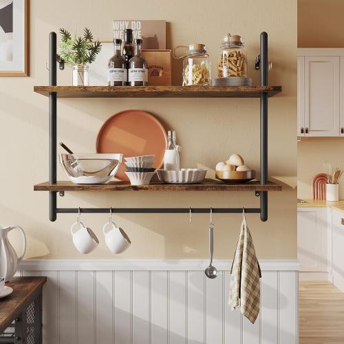 Bestier Pipe Shelf Industrial Floating Shelving 31 Kitchen Wall-Mounted Shelf with Towel Bar Hooks Coffee Bar Shelves Wine Hanging Display Rack Bookshelf Living Room Decor Bathroom-Rustic Brown