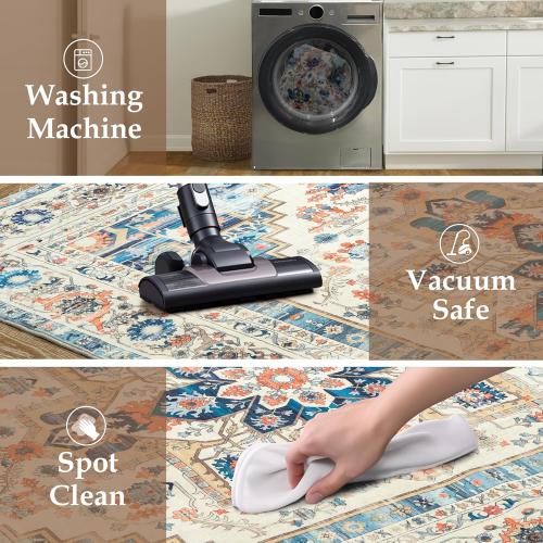 DriftAway Area Rug 5x7 Washable Rugs for Living Room Non Slip Rubber Backing Low Pile Non Shedding Carpet Friendly Boho Foldable Vintage Rugs for Bedroom Dining Room Beige Dark Blue Orange