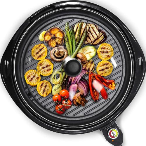 Elite Gourmet EMG-980B Smokeless Electric Tabletop Grill Nonstick, 6-Serving, Dishwasher Safe Removable Grilling Plate, Grill Indoor, Tempered Glass Lid, Adjustable Temperature, 14 Black