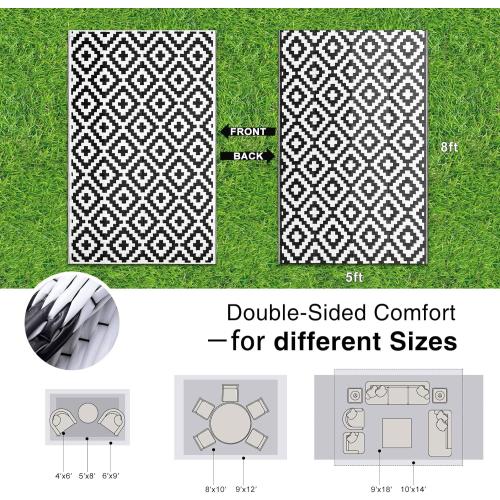 Waterproof Outdoor Rug 5x8 ft, Outdoor Plastic Straw Rug for Camping, RV Mat Outside, Indoor Outdoor Carpet for Porch, Deck, Backyard, Balcony, Picnic, Black & White