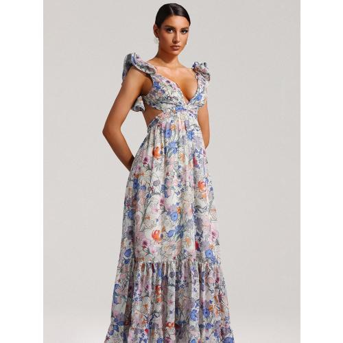 XL Neck Strappy Floral Maxi Puff Sleeves Tea Party Dress Cut Out Waist Detail Pleated Boho Dress