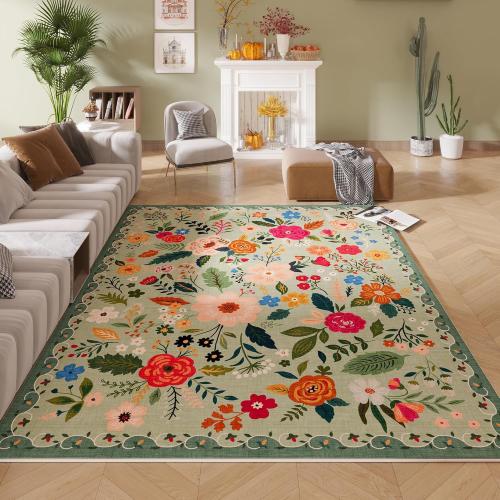 Size Large Color Green Living Room Rug  Rug Machine Washable Boho Area Rug Non Slip Floral Vintage Low Pile Large Rugs for Living Room, Bedroom, Farmhouse, Dining Room, Kids Playroom(Green)