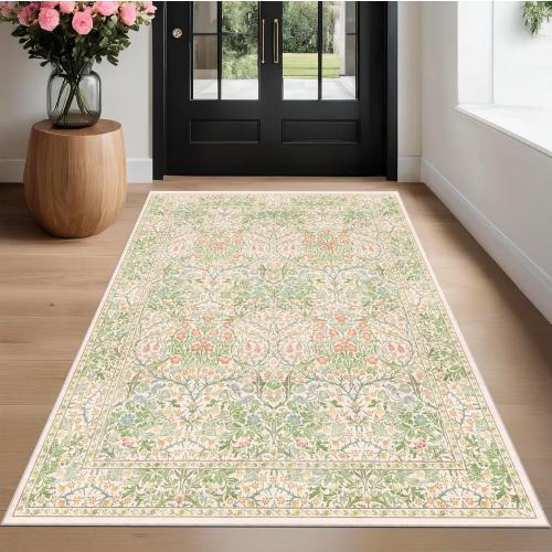 Light Green Bedroom Rug 5x7 Area Rug for Living Room, Vintage Washable Floral Floor Mat for Nursery, Dining Room Low Pile Non Slip Stain Resistance Distressed Retro Indoor (5x7 Beige Green)