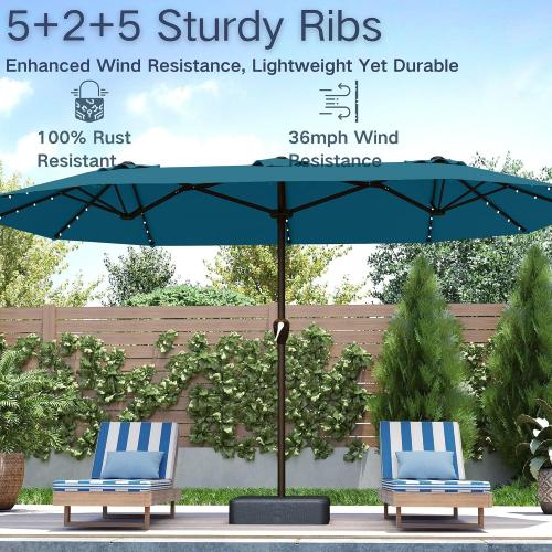 Kingdura 15ft Large Patio Umbrella with Solar Lights, Double-Sided Rectangle Outdoor Table Umbrella with Base Included, 12 Reinforced Ribs, 48 Led Lights, Crank Lift for Market Pool Deck, Lake blue