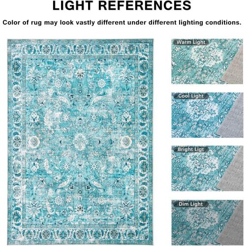 Doria Boho Area Rug, 3'6''×5'6'' Washable Oriental Rug, Non-Slip Vintage Floral Rug, Non-Shedding Traditional Carpet with Low Pile for Living Room, Bedroom, Dining, Office, Turquoise Blue