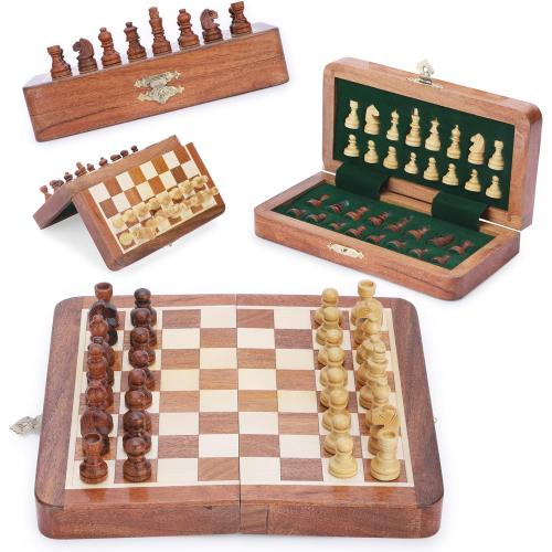 Ajuny Magnetic Travel Chess Set - Handcrafted Acacia Wood, Foldable Board with Elegant Storage Ages