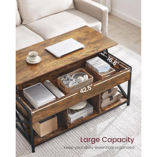 VASAGLE Lift Top Coffee Table, Lift Coffee Table with Storage Shelf, Hidden Compartments and Lifting Top, for Living Room, Office, 19.7 x 47.2 x (19.3-24.4) Inches, Rustic Brown and Black ULCT212B01