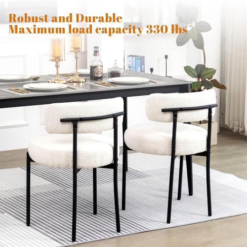 DYHOME White Boucle Dining Chairs Set of 2, Mid Century Modern Kitchen Chairs, Upholstered Dining Room Chairs with Curved Backrest and Black Metal Legs
