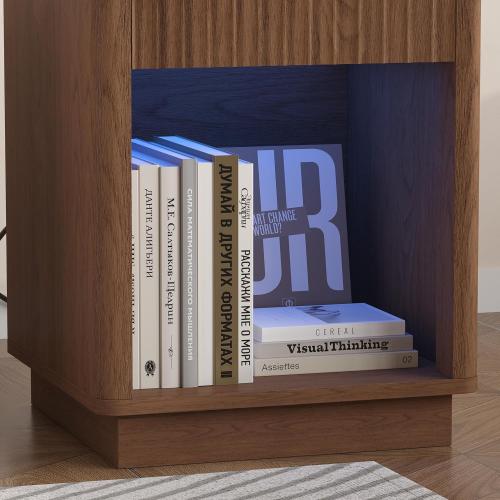 Akxomel Fluted Nightstand, Wooden Night Stand with Charging Station and LED Light, Modern Mid Century End Table with Drawer, 15 D x 15.7 W x 22.6 H, for Bedroom, Walnut