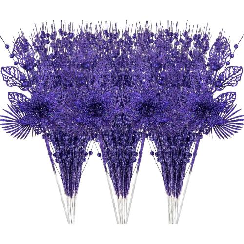 24 Pack Christmas Tree Ornaments - Artificial Flowers Glitter Berry Stems Christmas Floral Picks Branches for Xmas Tree Decorations Vase Filler Holiday Wedding Party Home Decor (Purple)