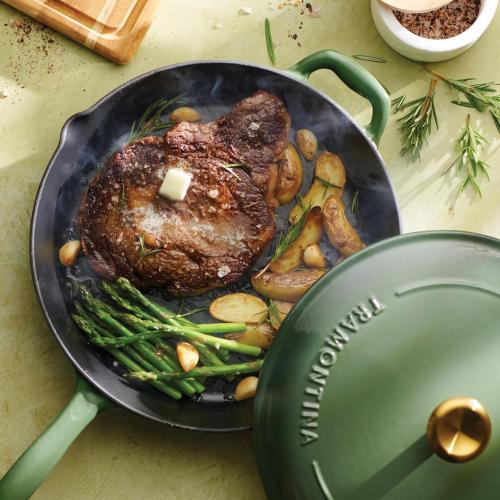 (White) Tramontina Bestow Enameled Cast Iron Skillet with Lid, 12-inch Frying Pan, Cactus with Gold Knob
