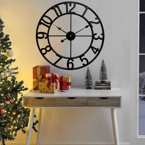 CLXEAST 24 Inch Wall Clocks for Living Room Decor, Large Black Metal Wall Clock Battery Operated, Silent/Non Ticking, Regular Arabic Numeral