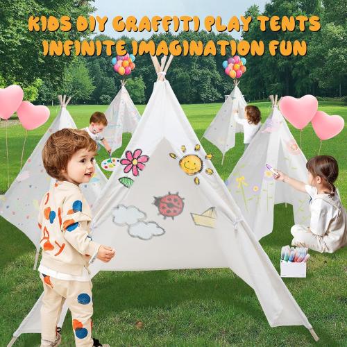 White 4 Pack Teepee Tent for Kids [Thickened] with Light String and Inflatable Airbed, Slumber Party Tents, Sleepover Tents Party for Girls Boys Indoor Outdoor (White)