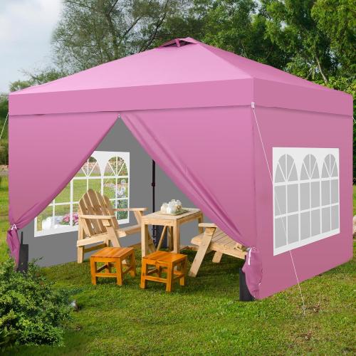 GDY 10x10 Pop Up Canopy Tent with 4 Sidewalls, Easy Set up with One Push Lift Outdoor Silver Coated Beach Gazebos, Carpas with 4 Sandbags, for Outdoor, Parties,Camping, Pink.