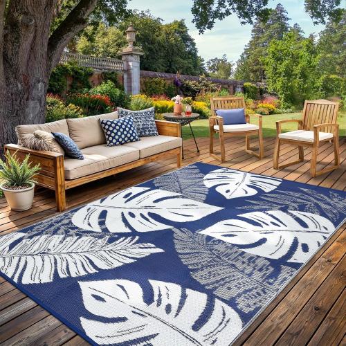Patio Modern Leaf Print Outdoor Rug  Waterproof Large Reversible Camping Mat Foldable Lightweight Plastic Straw Outdoor Rug for Deck, Picnic, Porch, Balcony, Beach, Rv，Navy/White
