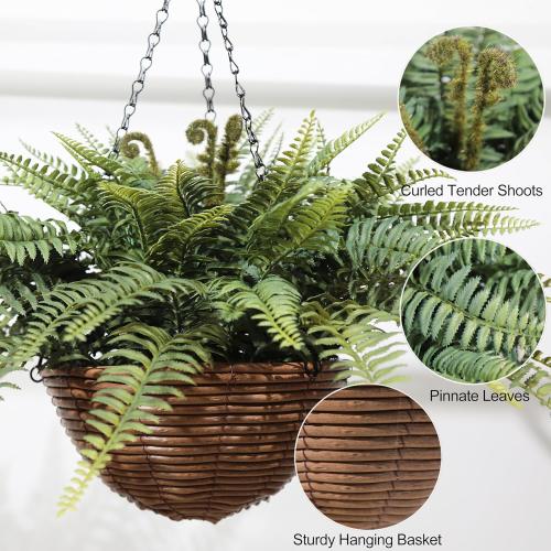 Artificial Boston Ferns Hanging Plants 2 Pack Fake Hanging Plants for Outdoors, UV Resistant Outdoor Hanging Faux Ferns Plants for Front Porch Indoor Décor