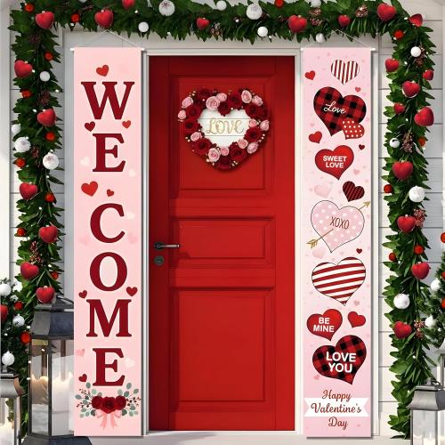 2Pcs Valentine's Day WELCOME Porch Sign Banner Decoration - 11.8x70.8Inches Valentine Romantic Heart & Love Banner Decorations- Front Door Decor for Home Couple's Party