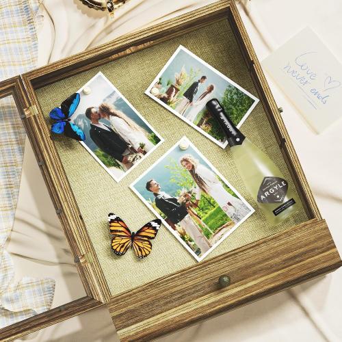 Picrit Large Brown Shadow Box Frame 16x20, 3.1 Deep Solid Wood Display Case with Removable Shelves & Drawers, Linen Back for Flowers, Pictures, Medals, Coins, Pins Collection, Memorial Gifts and More