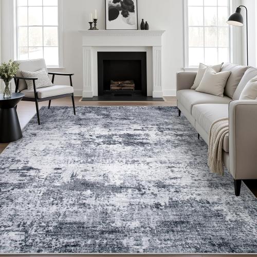 Size 9x12 Color Grey  Area Rug Living Room Rug: Washable Modern Abstract Soft Thin Rug Indoor Floor No Slip Stain Resistant Carpet for Bedroom Dining Room Farmhouse Nursery Home Office - Grey