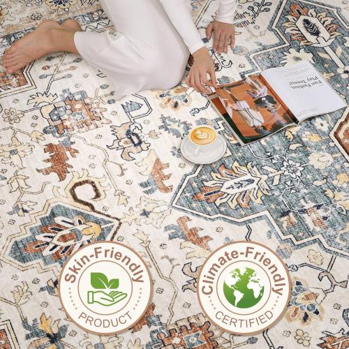 9x12 Area Rug Living Room: Washable Boho Large Neutral Vintage Soft Rugs Stain Resistant Distressed Farmhouse Non-Slip Indoor Floor Carpet for Bedroom Nursery Kids Office Dining Room- Beige Blue