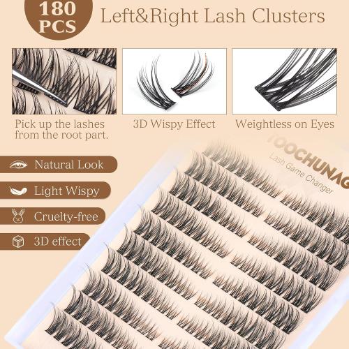 Natural Lash Clusters Wispy Eyelash Clusters C Curl Left&Right Cluster Eyelashes Extensions 180pcs Cluster Lashes DIY Individual Lash Extension Thin Band Cat Eye Lashes by TOOCHUNAG