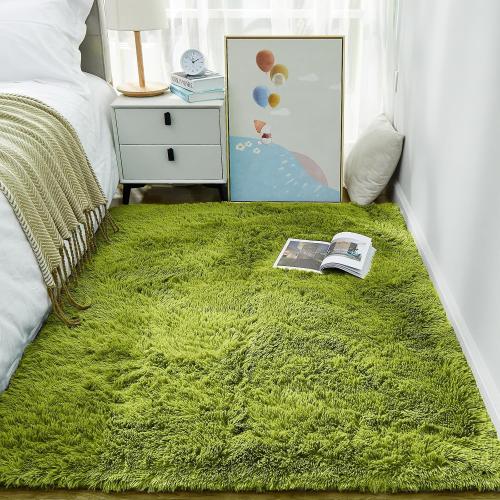 Ophanie Green Grass Area Rugs for Bedroom, 3x5 Shag Fluffy Carpet, Fuzzy Furry Plush Soft Cute Kids Baby Girls Shaggy Bedside Floor Rug for Teen Nursery Decor Aesthetic with Over 99 pcs Pile fibers