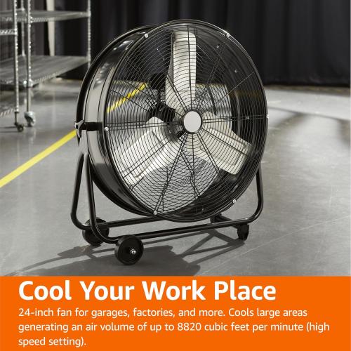BLACK  24 215W High-Velocity, Heavy-Duty Industrial Fan, Drum Fan, with UL-Certified Safety Compliance, 2 Speeds, Up to 8820 CFM, 5.9-ft Power Cord, 2 Wheels, Metal Housing/Blades, Black