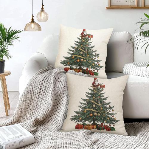 Merry Christmas Pillow Covers 18x18 Inch Santa Pine Tree Golden Balloons Throw Pillows For Couch Soft Durable Cushion Covers Winter Holiday Farmhouse Pillow Cases for Bed Sofa Decor Set of 2