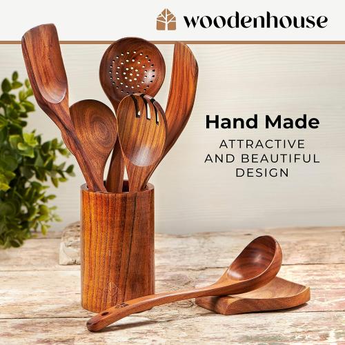 Teak Wooden Utensil Set with Spoon Rest & Hooks - Durable Wooden Spoons for Cooking with Comfort Grip - Effortless Clean, Non-Stick Friendly 8 Pcs