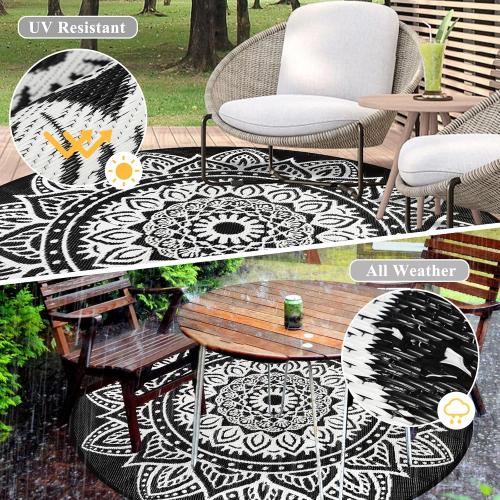 famibay Round Outdoor Rugs for Patios 5 Ft Round Outdoor Rug Waterproof Round Patio Rug Outdoor Plastic Straw Rug Lightweight Boho Outdoor Carpet Mats for Patio Backyard Camping Porch(Black/White)‼️cut outside on the small black bag‼️