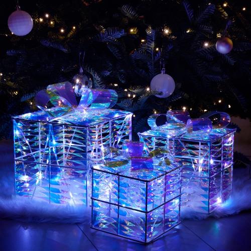 JOIEDOMI Christmas Lighted Gift Boxes, Light Up Christmas Decorations Set of 3 Iridescent Present Boxes, Xmas Boxe Light with LED Cool White for Indoor Porch Patio Holiday Xmas Eve Night Décor