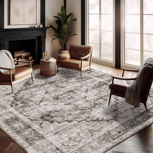 CHAMPLANT Washable Area Rug 9'x12' Deep Khaki Retro Flowers Boho Design Non-Shedding Easy Care Ideal for High Traffic Areas in Living Room Bedroom Office Coffee Table Kitchen Large Carpet