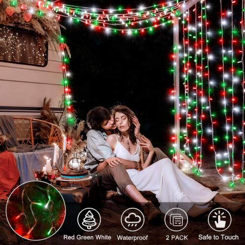 Red White Green Christmas String Lights Battery Operated, 2 Pack 100 LED String Lights 33Ft with Timer 8 Modes Outdoor Indoor Novelty Lights for Home Xmas Tree Garland Holiday Decor