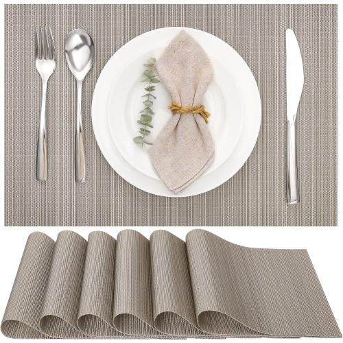 Myir JUN Placemats Set of 6, Vinyl Woven Placemats Place Mats Indoor Washable Table Mats Non-Slip Place mats for Dining Table (Golden Silver, Set of 6)