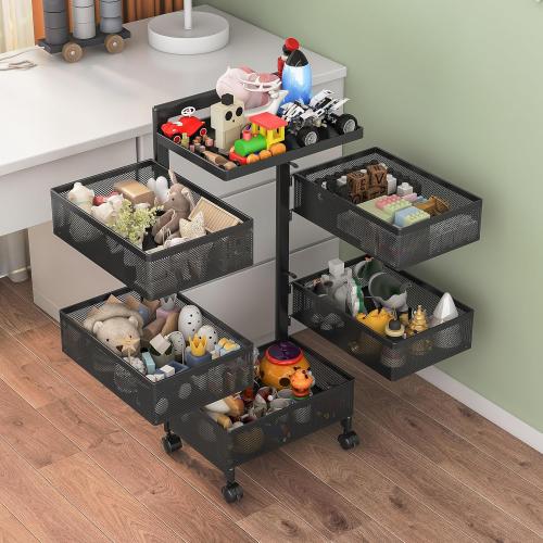 Rolling Rotating Storage Cart No Assembly Required，Bathroom Shelf Fruit and Vegetable Basket for Kitchen,Storage Drawer Organizer Cart ，Metal Utility cart on Wheels(Black, 5 Tier-Square)