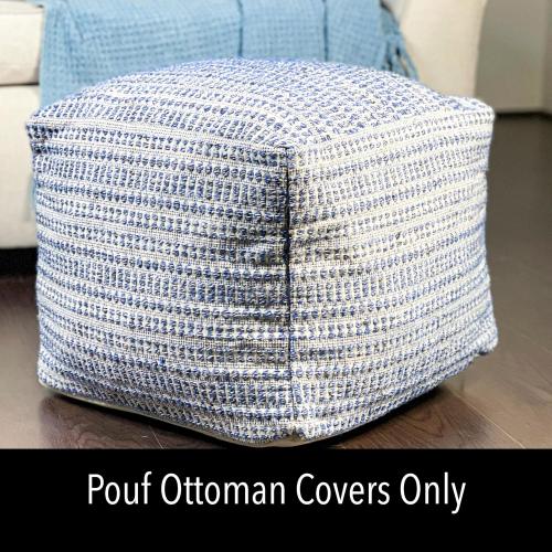 Chardin home UNSTUFFED Ottoman, Cozy & Bohemian Pouf Covers, Hand Crafted Casual Seating, Footrest, Square Floor Pillow for Home, Office, Bedroom, Living Room, 16.5 x 16.5x 12.9, Blue-Off White